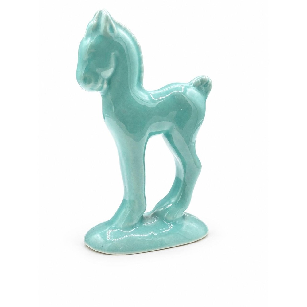Vintage MCM Ceramic Horse Figurine 5" Aqua Blue Green Colt Foal Pony